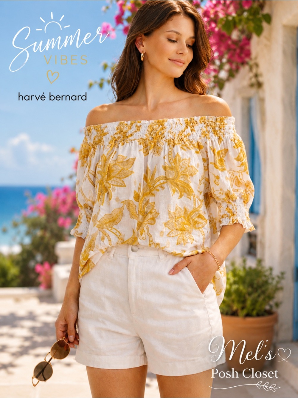 🚨Harvé Bernard Off Shoulder Boho Blouse XL | White & Gold Floral Summer Top